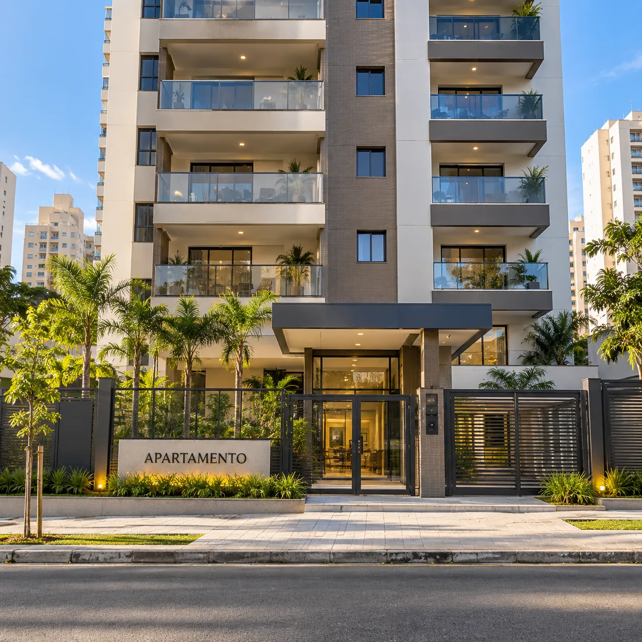 Fachada de edifício residencial moderno com varandas de vidro e jardim na entrada